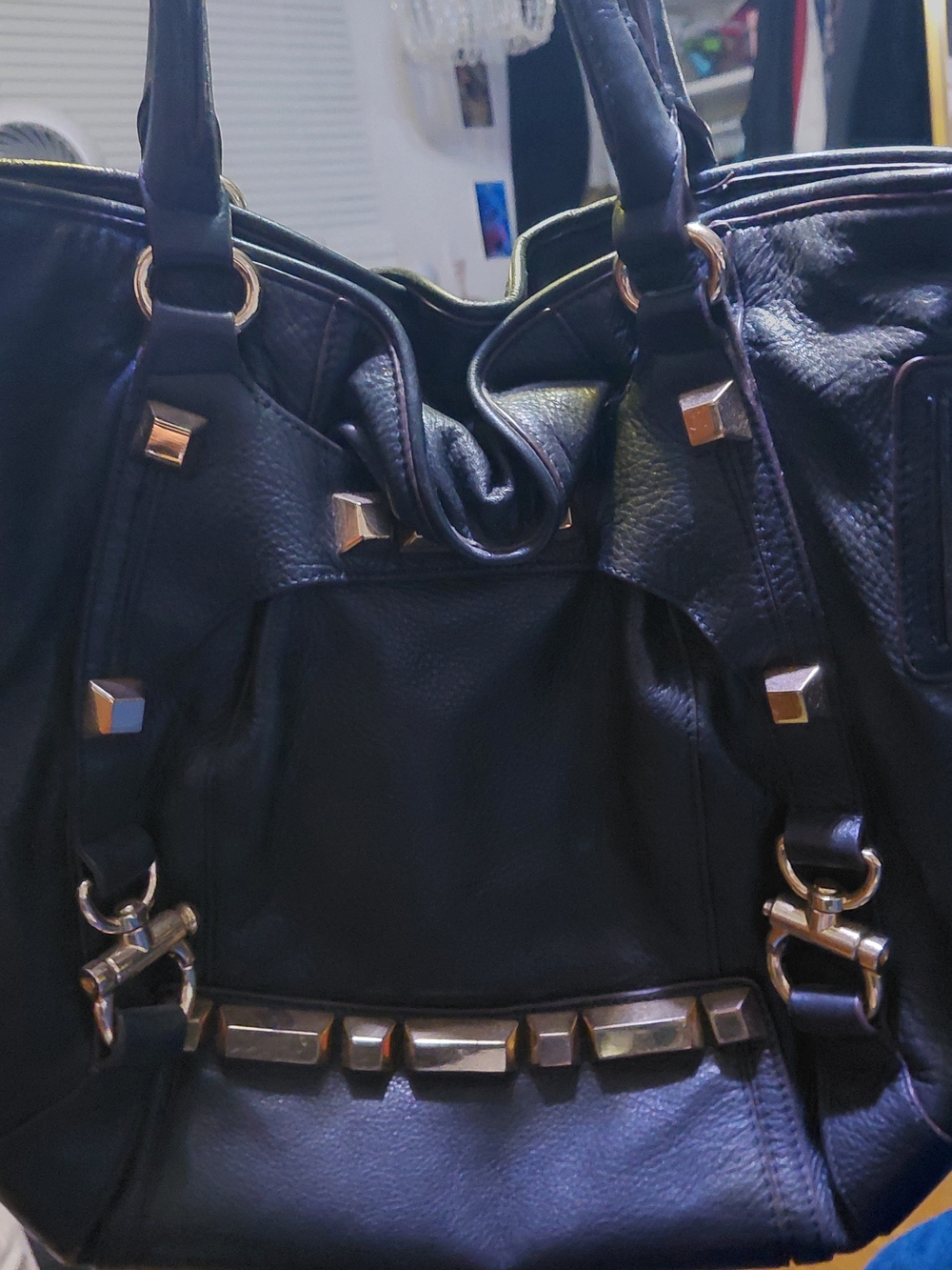 Vince Camuto Black Leather Tote with Gold Stud Accents